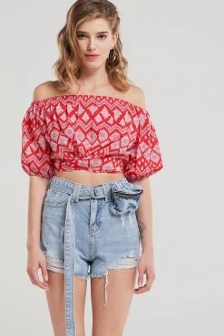 STORETS Faith Diamond Cropped Blouse-Red CLOTHING