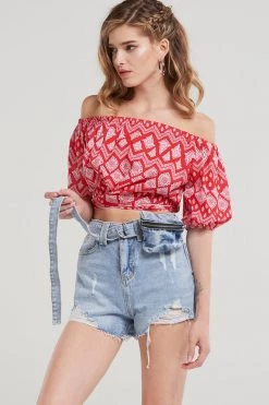 STORETS Faith Diamond Cropped Blouse-Red CLOTHING