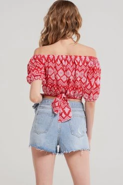 STORETS Faith Diamond Cropped Blouse-Red CLOTHING