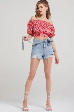 STORETS Faith Diamond Cropped Blouse-Red CLOTHING