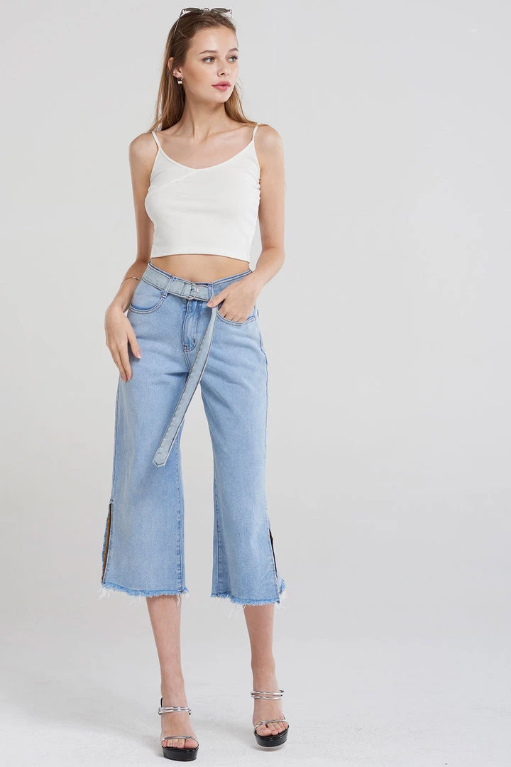 STORETS CLOTHING Anahi Side Slit Denim Belt Pants-Blue