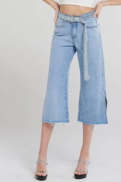 STORETS CLOTHING Anahi Side Slit Denim Belt Pants-Blue