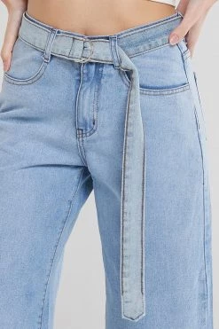 STORETS CLOTHING Anahi Side Slit Denim Belt Pants-Blue