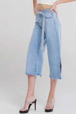 STORETS CLOTHING Anahi Side Slit Denim Belt Pants-Blue