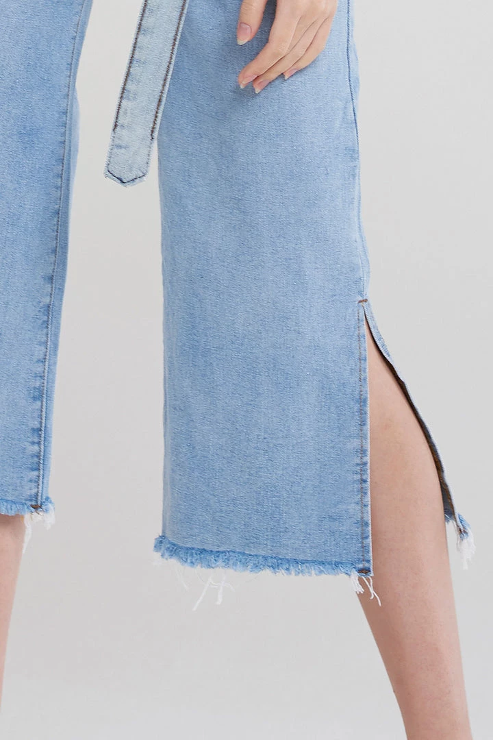 STORETS CLOTHING Anahi Side Slit Denim Belt Pants-Blue