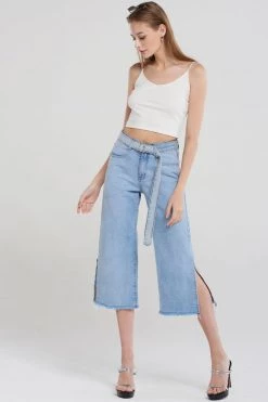 STORETS CLOTHING Anahi Side Slit Denim Belt Pants-Blue