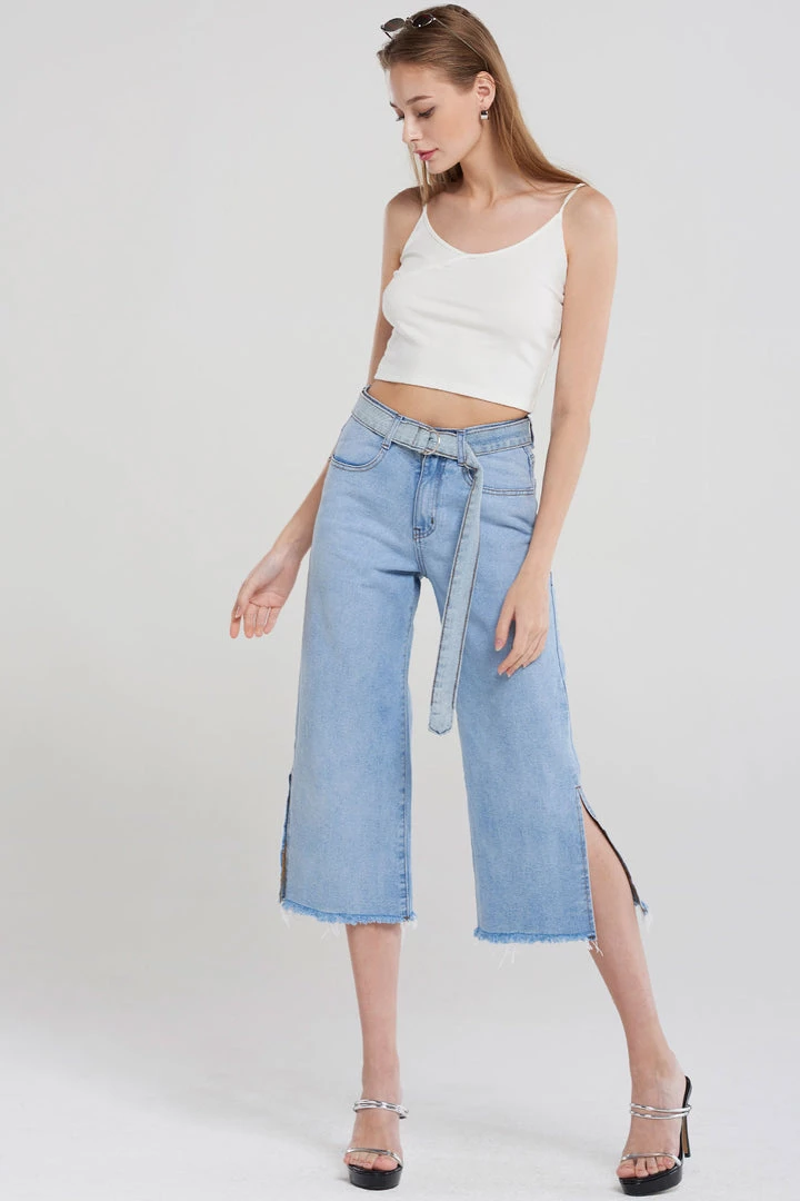 STORETS CLOTHING Anahi Side Slit Denim Belt Pants-Blue