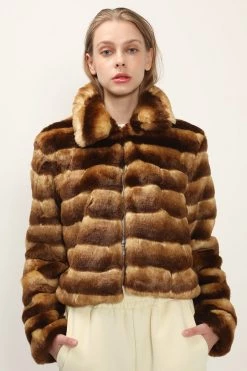 STORETS Raegan Striped Cropped Faux Fur Jacket