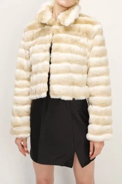 STORETS Raegan Striped Cropped Faux Fur Jacket CLOTHING
