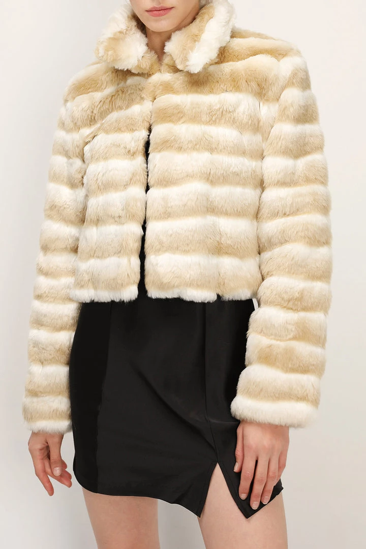 STORETS Raegan Striped Cropped Faux Fur Jacket