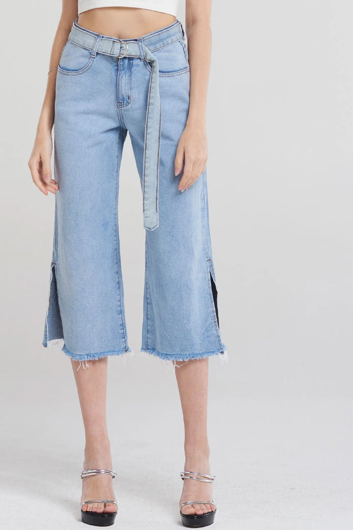 STORETS CLOTHING Anahi Side Slit Denim Belt Pants-Blue