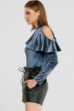STORETS SALE CLOTHING Carmen Ruffle Cold Shoulder Velvet Top
