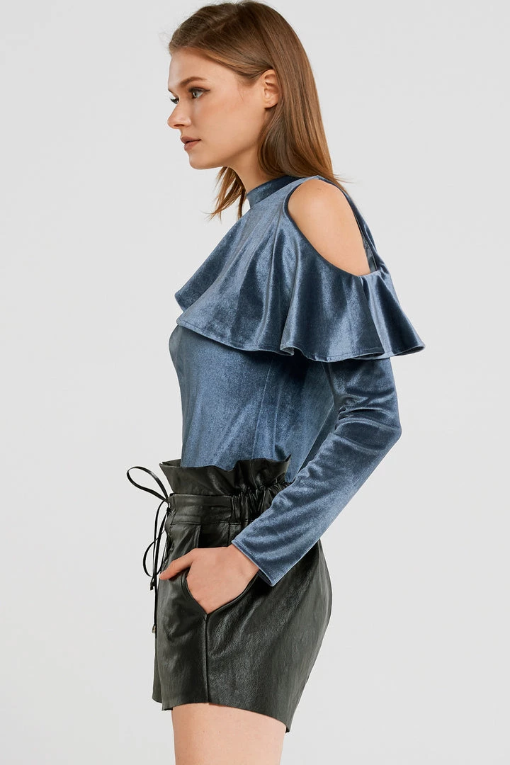 STORETS SALE CLOTHING Carmen Ruffle Cold Shoulder Velvet Top
