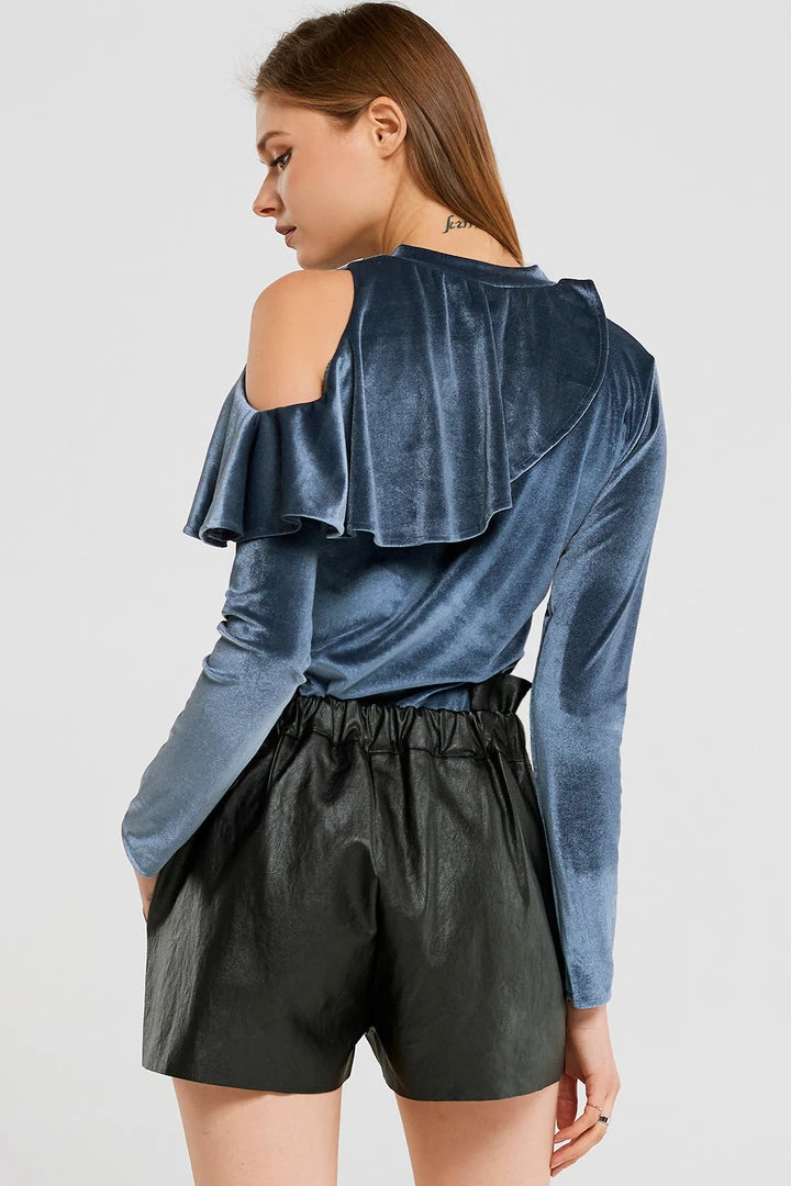 STORETS SALE CLOTHING Carmen Ruffle Cold Shoulder Velvet Top