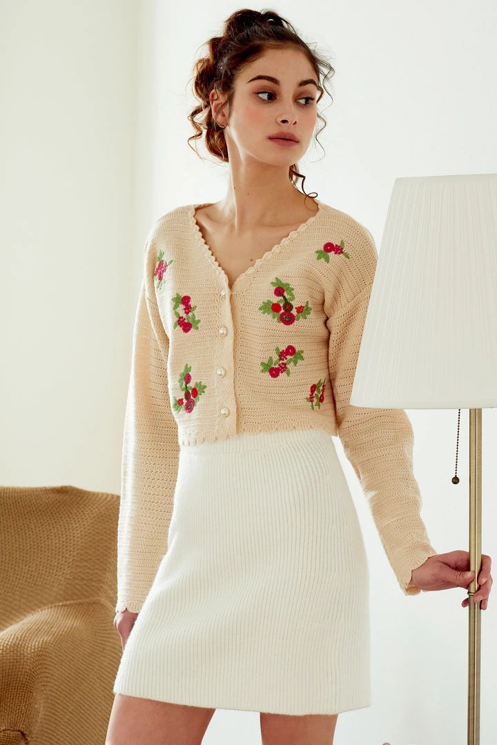 STORETS Estella Flower Embroidered Cropped Cardigan CLOTHING