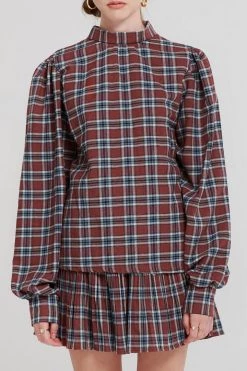 STORETS SALE Talia Tartan Check High Collar Blouse CLOTHING