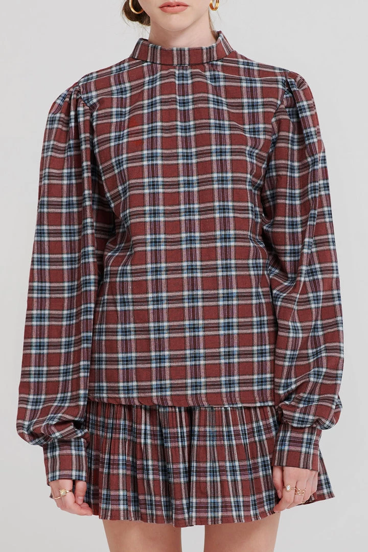 STORETS SALE Talia Tartan Check High Collar Blouse CLOTHING