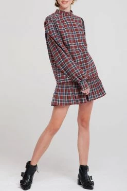 STORETS SALE Talia Tartan Check High Collar Blouse CLOTHING