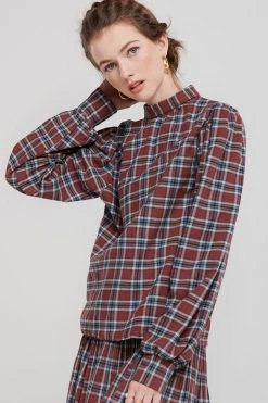STORETS SALE Talia Tartan Check High Collar Blouse CLOTHING