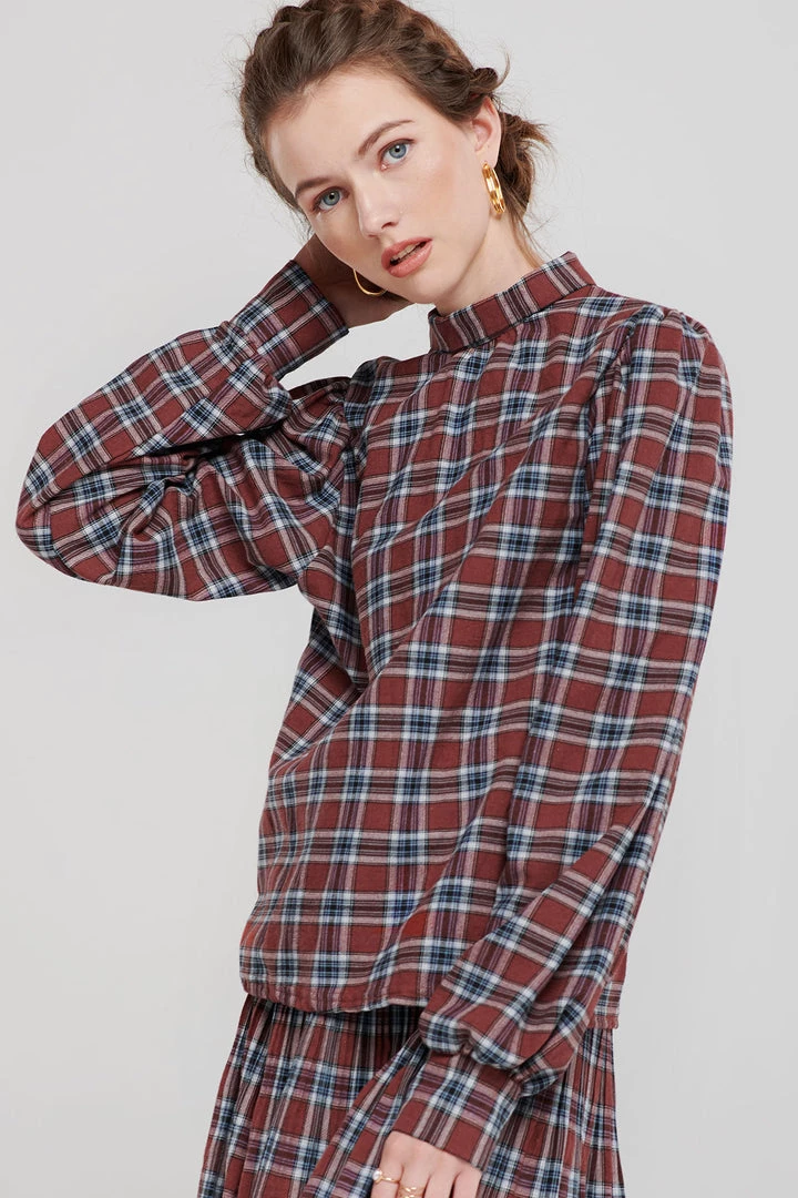 STORETS SALE Talia Tartan Check High Collar Blouse CLOTHING