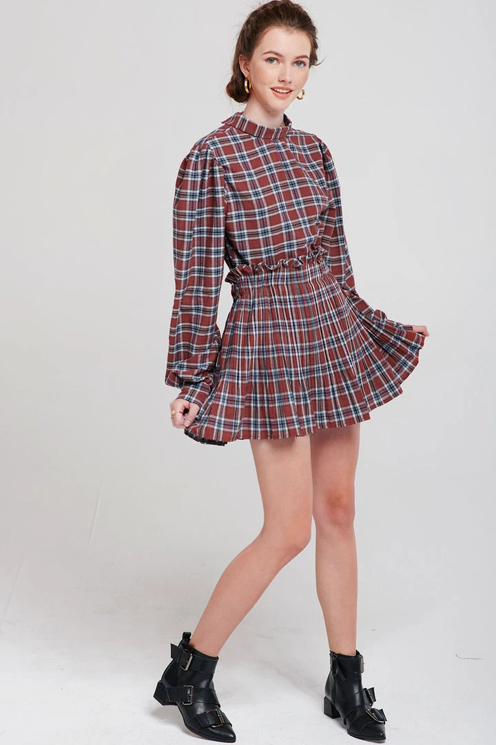 STORETS SALE Talia Tartan Check High Collar Blouse CLOTHING