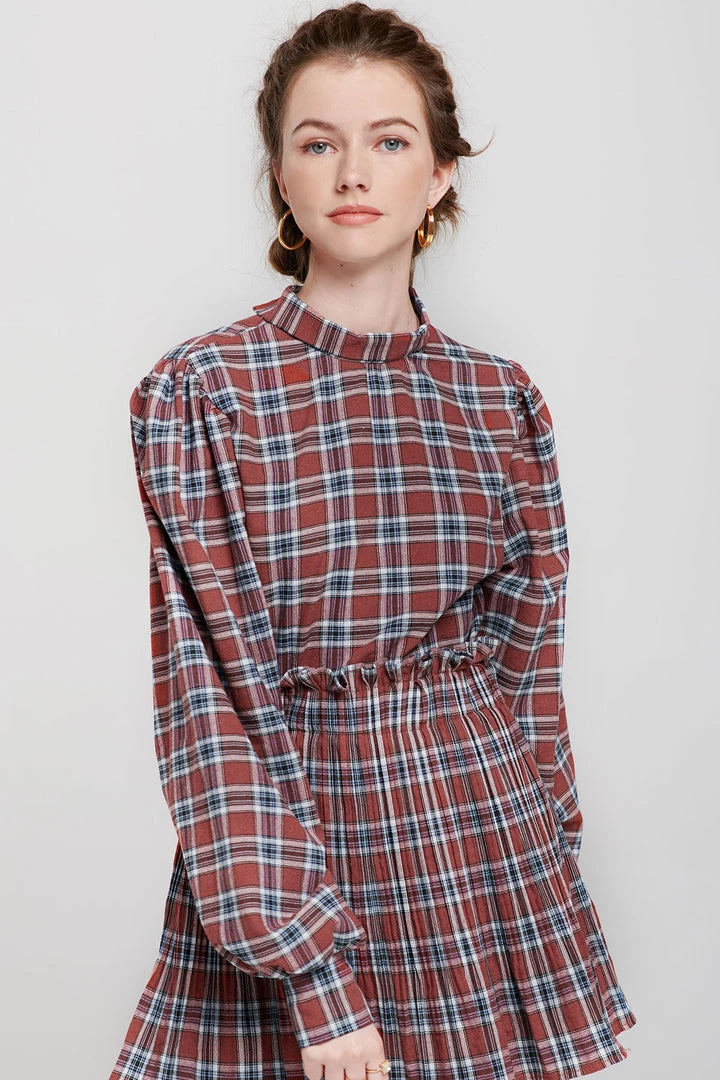 STORETS SALE Talia Tartan Check High Collar Blouse CLOTHING