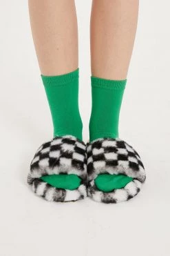 STORETS Yva Checkerboard Faux Fur Open Slipper ACCESSORIES
