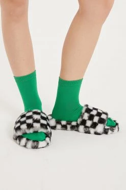 STORETS ACCESSORIES Yva Checkerboard Faux Fur Open Slipper