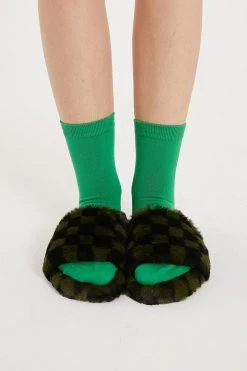 STORETS ACCESSORIES Yva Checkerboard Faux Fur Open Slipper