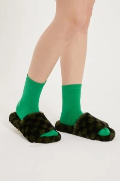 STORETS Yva Checkerboard Faux Fur Open Slipper ACCESSORIES