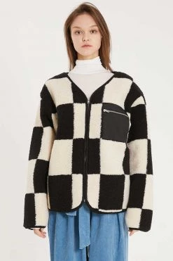 STORETS CLOTHING Vera Collarless Checkerboard Fleece Jacket
