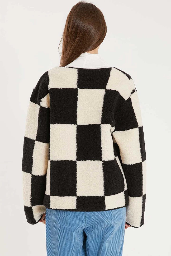 STORETS CLOTHING Vera Collarless Checkerboard Fleece Jacket