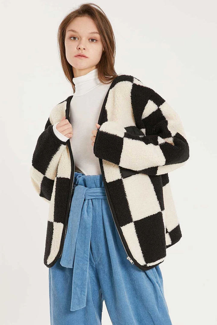 STORETS CLOTHING Vera Collarless Checkerboard Fleece Jacket