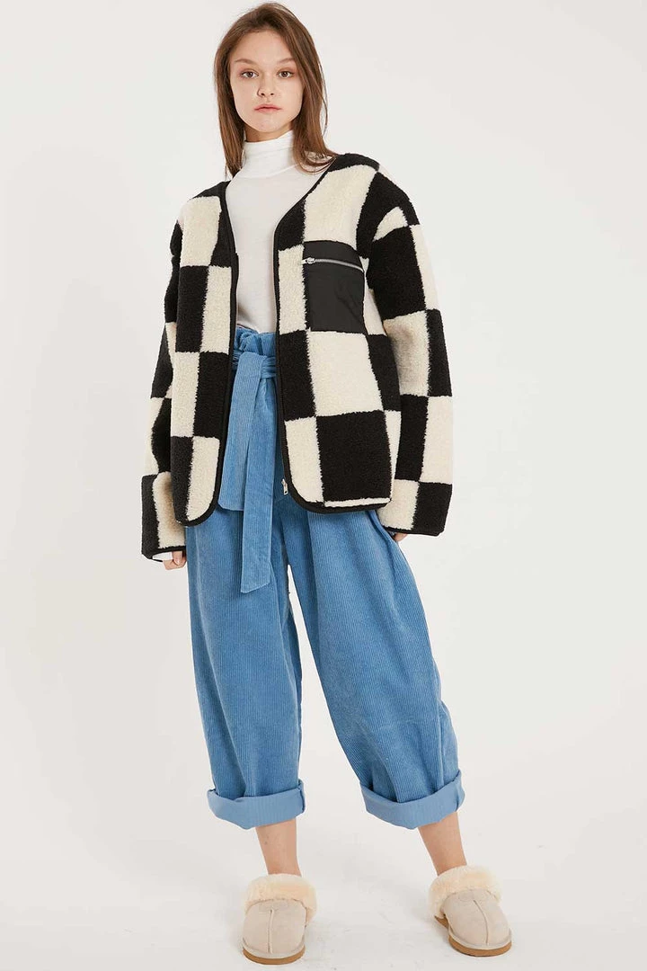 STORETS CLOTHING Vera Collarless Checkerboard Fleece Jacket