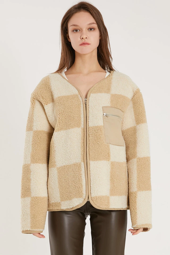 STORETS Vera Collarless Checkerboard Fleece Jacket CLOTHING