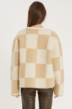 STORETS Vera Collarless Checkerboard Fleece Jacket CLOTHING