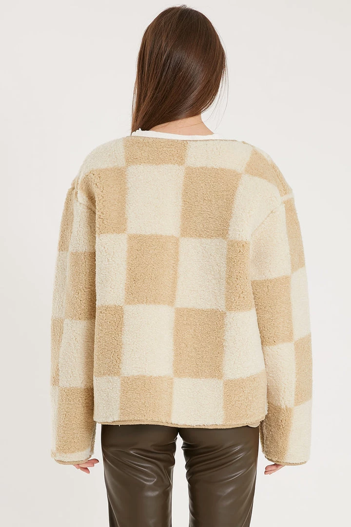 STORETS Vera Collarless Checkerboard Fleece Jacket CLOTHING