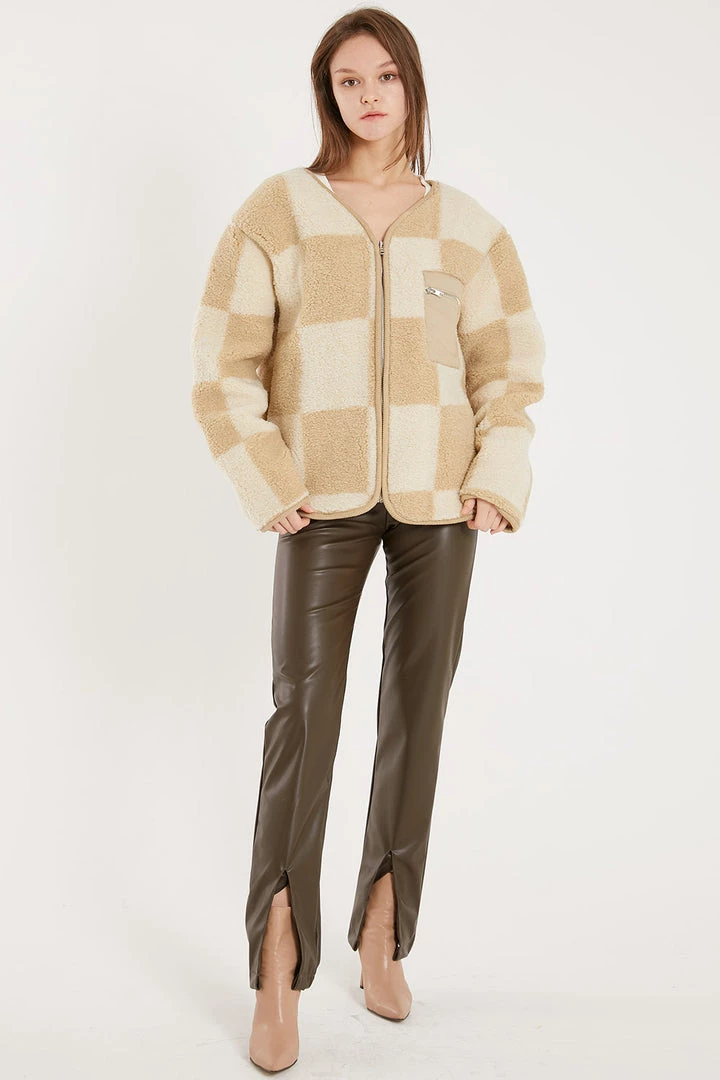 STORETS Vera Collarless Checkerboard Fleece Jacket CLOTHING