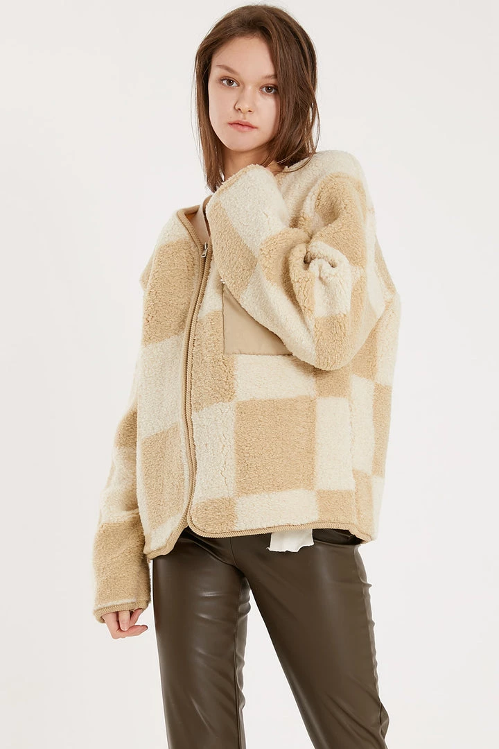 STORETS Vera Collarless Checkerboard Fleece Jacket CLOTHING