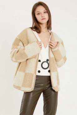 STORETS Vera Collarless Checkerboard Fleece Jacket CLOTHING