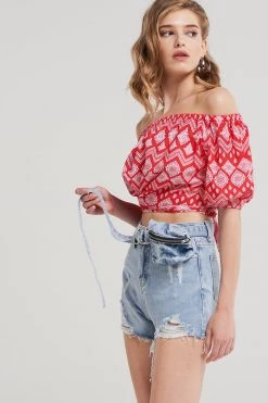 STORETS Faith Diamond Cropped Blouse-Red CLOTHING