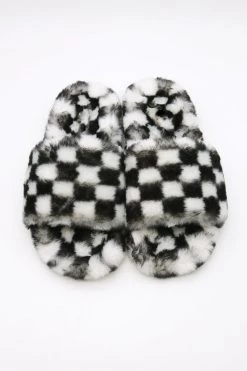 STORETS Yva Checkerboard Faux Fur Open Slipper ACCESSORIES
