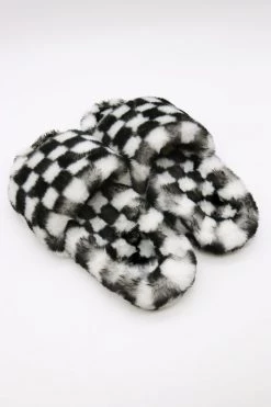 STORETS Yva Checkerboard Faux Fur Open Slipper ACCESSORIES