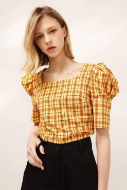 STORETS Mila Puff Sleeve Plaid Blouse CLOTHING