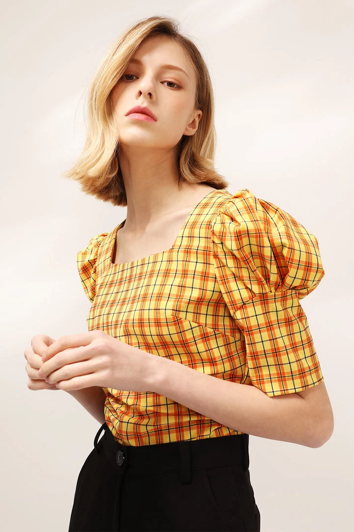 STORETS Mila Puff Sleeve Plaid Blouse CLOTHING