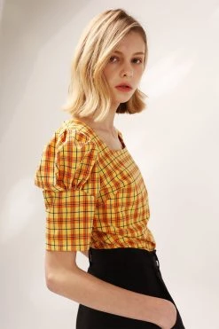 STORETS Mila Puff Sleeve Plaid Blouse CLOTHING