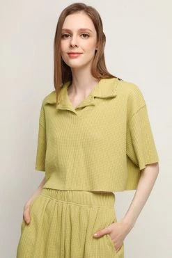 STORETS Lucy Waffle Half Button Crop Top