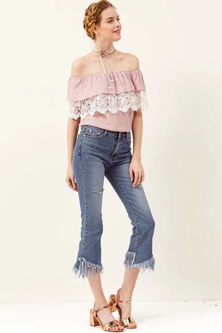 STORETS SALE CLOTHING Ally Lace Ruffle Off-the-Shoulder Top