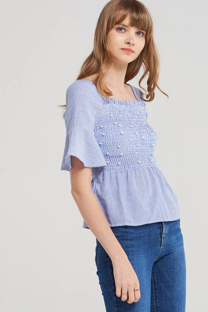 STORETS SALE Pearl Shirred Square Neck Blouse CLOTHING