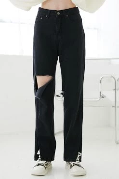 STORETS Ava Wide Leg Cutout Jeans In Black CLOTHING